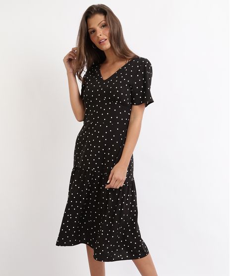 Vestido-Feminino-Midi-Estampado-de-Poa-com-Babado-Manga-Curta-Preta-9952435-Preto_1
