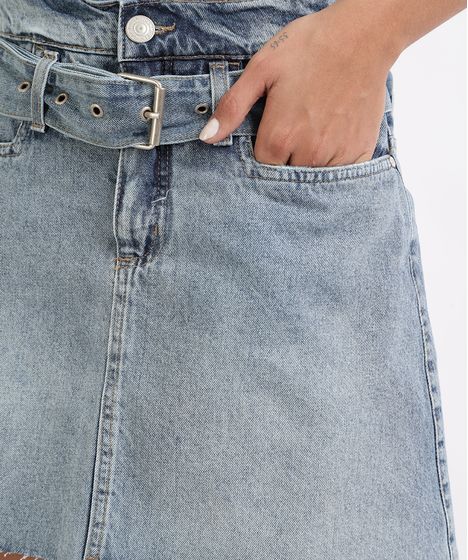 saia jeans curta com cinto