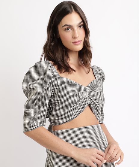 Blusa-Feminina-Cropped-Estampada-Xadrez-Vichy-com-Laco-Manga-Bufante-Decote-Coracao-Preta-9963113-Preto_1