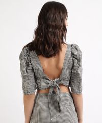 Blusa-Feminina-Cropped-Estampada-Xadrez-Vichy-com-Laco-Manga-Bufante-Decote-Coracao-Preta-9963113-Preto_2