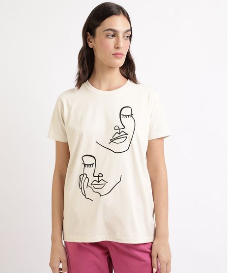 T-Shirt-Feminina-Mindset-com-Bordado-de-Rostos-Manga-Curta-Decote-Redondo-Bege-Claro-9963120-Bege_Claro_1