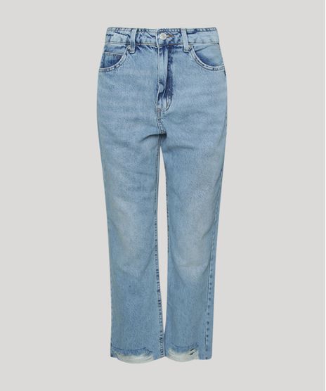 Calca-Jeans-Feminina-Reta-Cintura-Alta-Marmorizada-Barra-a-Fio-com-Rasgos-Azul-Claro-9960207-Azul_Claro_1
