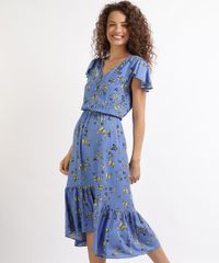 Vestido-Feminino-Midi-Estampado-de-Borboletas-com-Babado-Manga-Curta-Azul-9955193-Azul_1