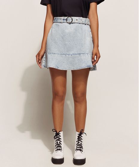 Saia-Jeans-Feminina-Curta-Marmorizada-com-Babado-e-Cinto-Azul-Claro-9960544-Azul_Claro_1