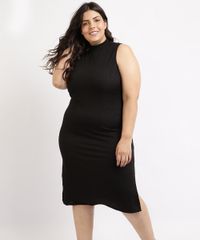 Vestido-Feminino-Plus-Size-Mindset-Midi-Canelado-com-Fenda-Regata-Gola-Alta-Preto-9964420-Preto_1
