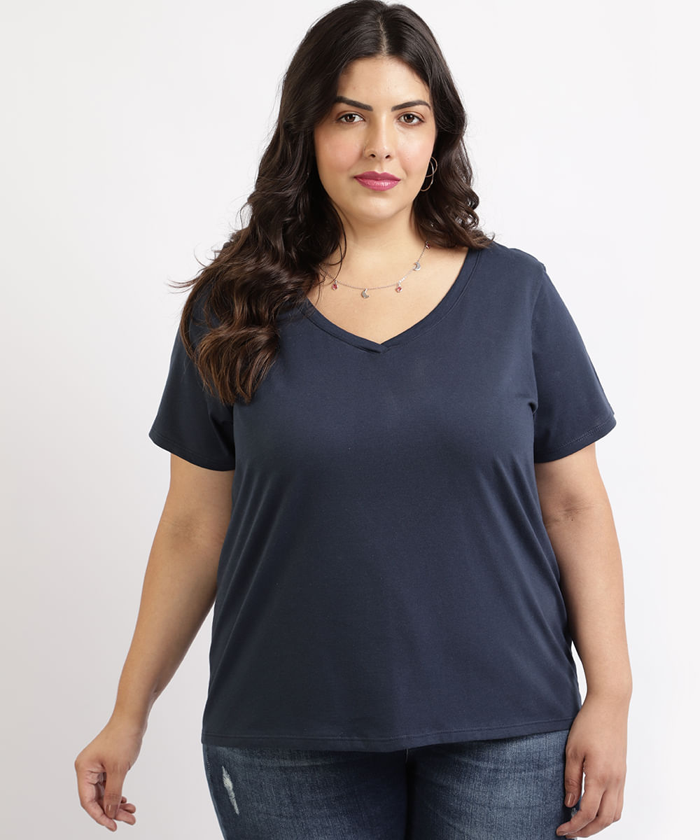 blusa plus size manga curta decote v verde militar - azul marinho