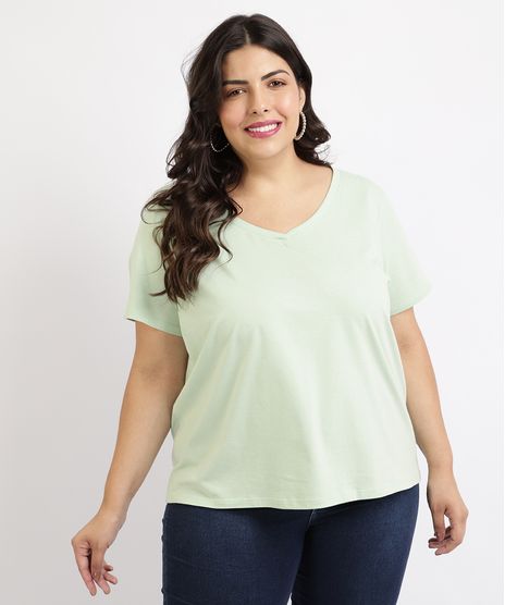 Blusa-Feminina-Plus-Size-Manga-Curta-Decote-V--Verde-Claro-9952769-Verde_Claro_1