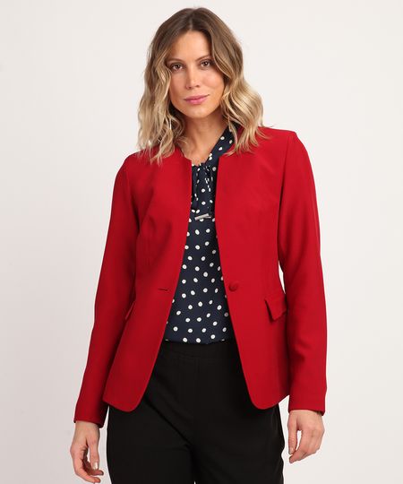 Blazer Vermelho Feminino com Bolsos Acinturado Frente