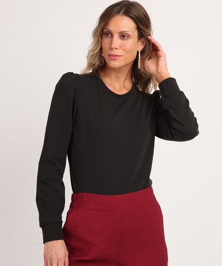 Blusão de Moletom Feminino Básico Decote Redondo Preto - G Menor preço em Blusão de Moletom Feminino Básico Decote Redondo Preto - G