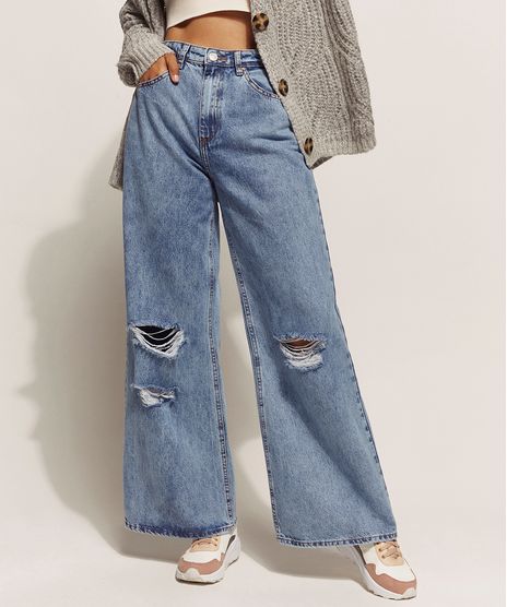 Calca-Jeans-Feminina-Wide-Pantalona-Cintura-Super-Alta-Marmorizada-Destroyed-Azul-Medio-9960202-Azul_Medio_1