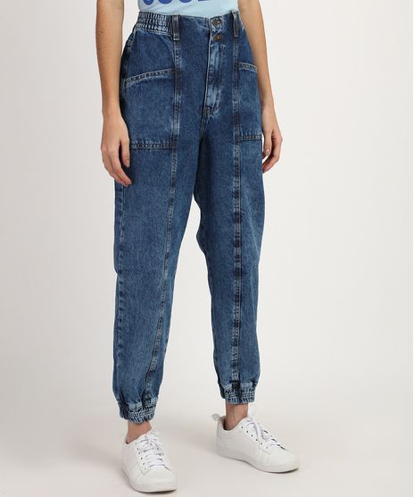 Calca-Jeans-Feminina-Jogger-Cintura-Alta-Marmorizada-com-Recortes-Azul-Medio-9960665-Azul_Medio_1