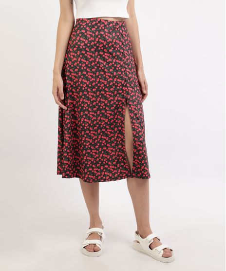 Saia-Feminina-Midi-Estampada-de-Cereja-com-Fenda-e-Botoes-Preta-9966112-Preto_1
