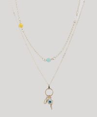 Colar-Duplo-Feminino-Folheado-com-Micangas-e-Pingente-da-Sorte-Dourado-9943789-Dourado_1