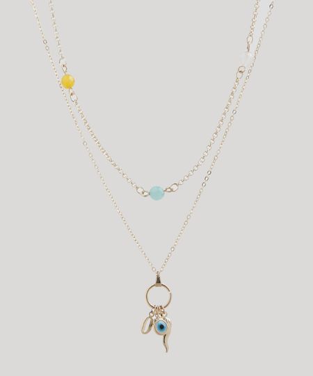 Colar-Duplo-Feminino-Folheado-com-Micangas-e-Pingente-da-Sorte-Dourado-9943789-Dourado_1