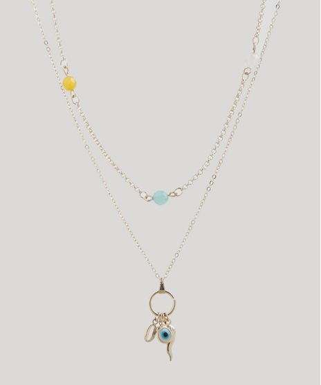 Colar-Duplo-Feminino-Folheado-com-Micangas-e-Pingente-da-Sorte-Dourado-9943789-Dourado_1