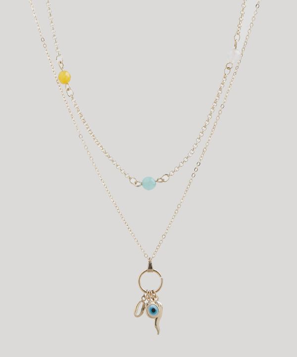 Colar Duplo Feminino Folheado com Miçangas e Pingente da Sorte Dourado Único