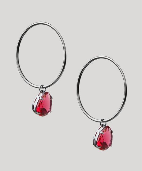 Brinco-Feminino-de-Argola-com-Pedra-Vermelha-Prateado-9945054-Prateado_1