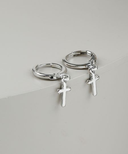 Brinco-Feminino-de-Argola-com-Pingente-de-Crucifixo-Prateado-9945077-Prateado_1