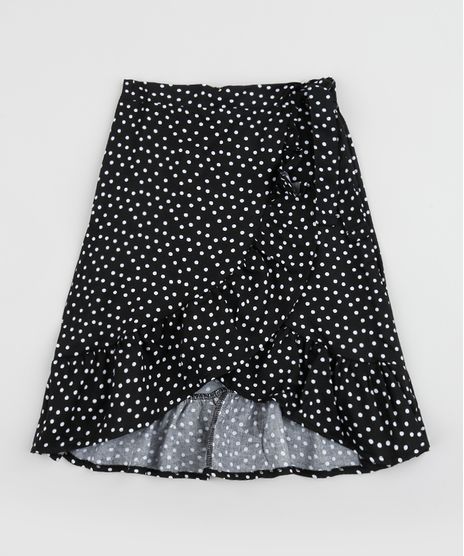Saia-Infantil-Midi-Estampada-de-Poa-Transpassada-com-Babados-Preta-9953340-Preto_1