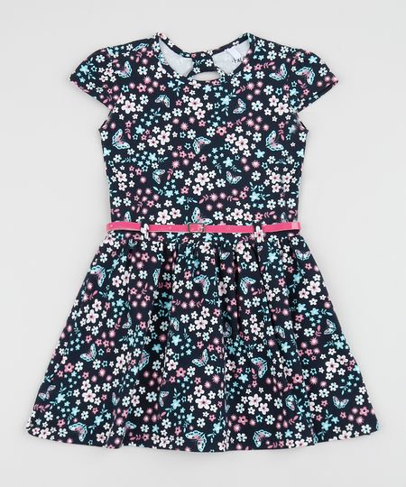 Vestido-infantil-Estampado-Floral-Manga-Curta-com-Cinto-Azul-Marinho-9953032-Azul_Marinho_1
