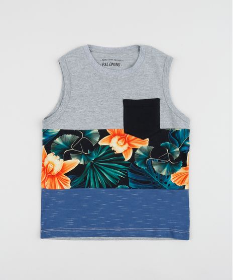 Regata-Infantil-com-Recorte-Estampado-Floral-e-Bolso-Cinza-9953087-Cinza_1
