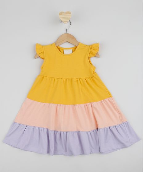 Vestido-Infantil-com-Recorte-e-Manga-Curta-com-Babados-Amarelo-9961513-Amarelo_1