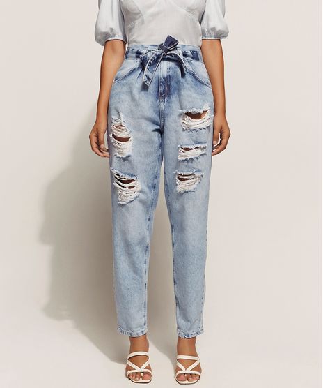 Calca-Jeans-Feminina-Baggy-Cintura-Super-Alta-Marmorizada-Destroyed-com-Faixa-para-Amarrar-Azul-Claro-9960698-Azul_Claro_1