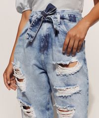 Calca-Jeans-Feminina-Baggy-Cintura-Super-Alta-Marmorizada-Destroyed-com-Faixa-para-Amarrar-Azul-Claro-9960698-Azul_Claro_5
