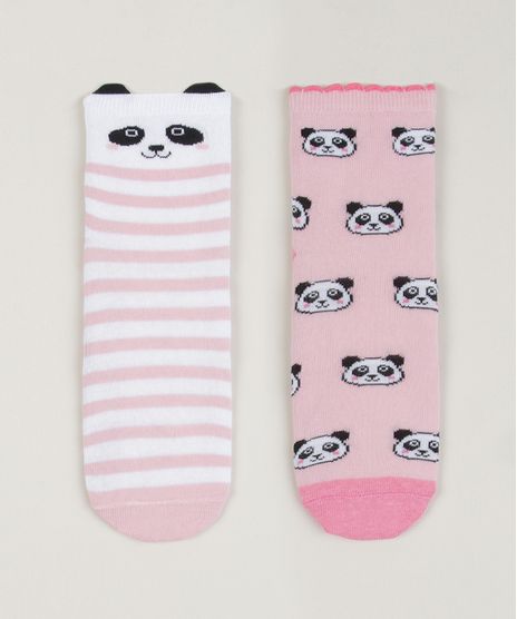 Kit-2-Meias-Infantis-Panda--Estampada-Listrada-Cano-Medio-Rosa-9957389-Rosa_1