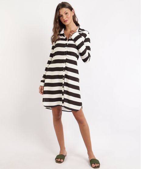 Vestido-Chemise-Saida-de-Praia-Feminina-Estampada-Listrada-Manga-7-8-Preto-9950932-Preto_1