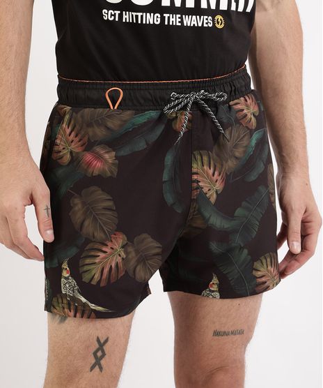Short-Masculino-Estampado-de-Folhagens-com-elastico--Preto-9965126-Preto_1