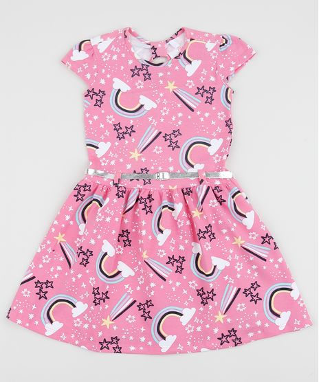 Vestido-Infantil-Estampado-de-Arco-Iris-Manga-Curta-com-Cinto-Rosa-9953033-Rosa_1
