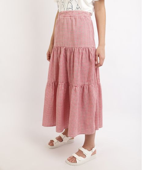 Saia-Feminina-Mindset-Midi-Estampada-Xadrez-Vichy-com-Recortes-Vermelha-9965570-Vermelho_1