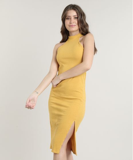 Vestido-Feminino-Midi-Halter-Neck-Canelado-com-Fenda-Gola-Alta-Mostarda-9611887-Mostarda_1