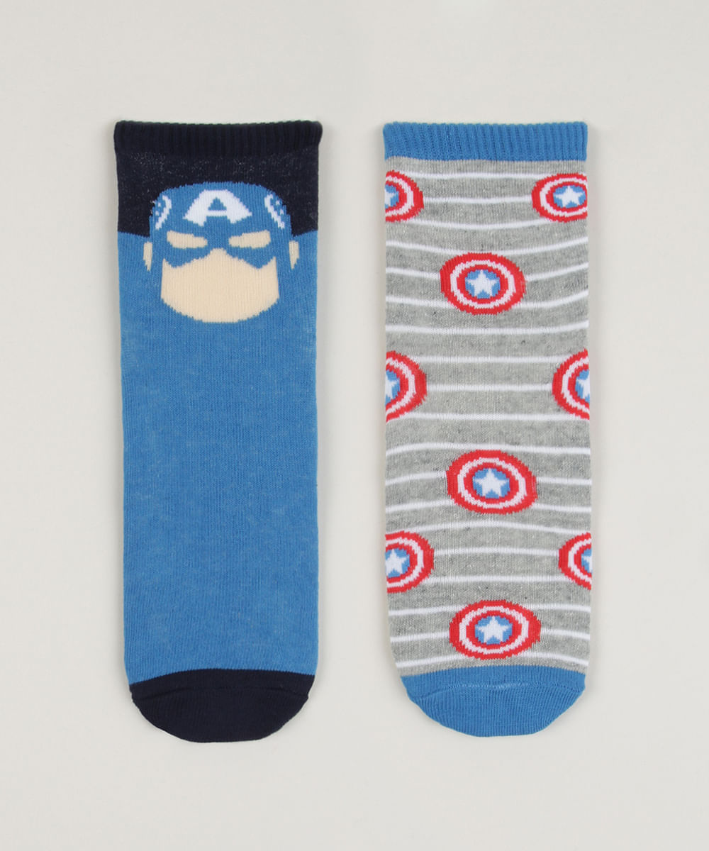 Kit de 2 Meias Infantis Cano Médio Capitão América Estampada Multicor