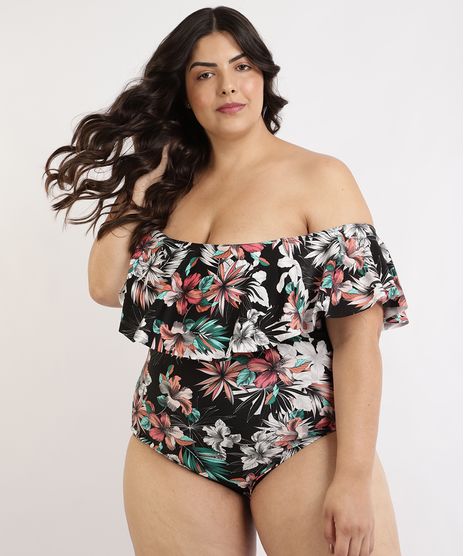 Maio-Body-Plus-Size-Ombro-a-Ombro-Estampado-Floral-com-Bojo-e-Protecao-UV50--Preto-9961574-Preto_1