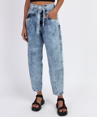 Calca-Jeans-Feminina-Baggy-Cintura-Super-Alta-Marmorizada-com-Faixa-para-Amarrar-Azul-Claro-9961220-Azul_Claro_1