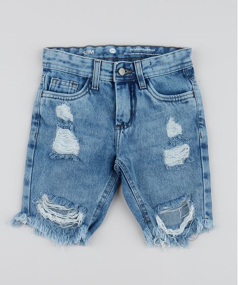 Bermuda Jeans Infantil Slim Com Bolsos Destroyed Azul Medio Cea