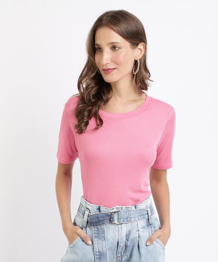 Blusa-Feminina-Basica-Canelada-Manga-Curta-Decote-Redondo-Rosa-9768764-Rosa_1_1