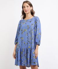 Vestido-Feminino-Curto-Estampado-de-Borboletas-Manga-Bufante--Azul-9953246-Azul_1