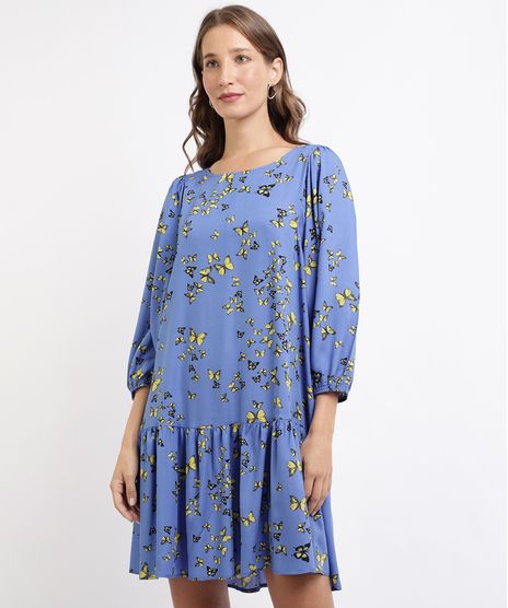 Vestido-Feminino-Curto-Estampado-de-Borboletas-Manga-Bufante--Azul-9953246-Azul_1