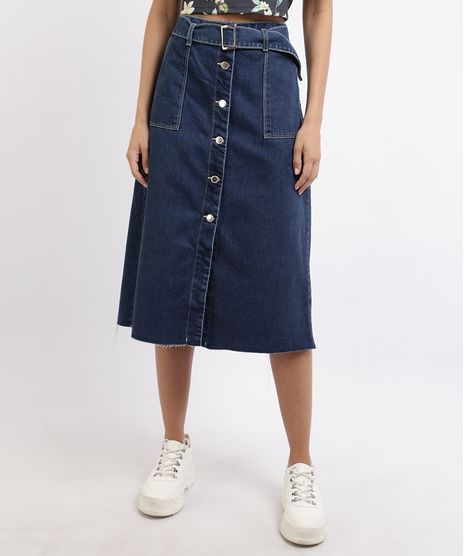 Saia-Jeans-Feminina-Midi-com-Botoes-e-Cinto-Azul-Escuro-9960700-Azul_Escuro_1