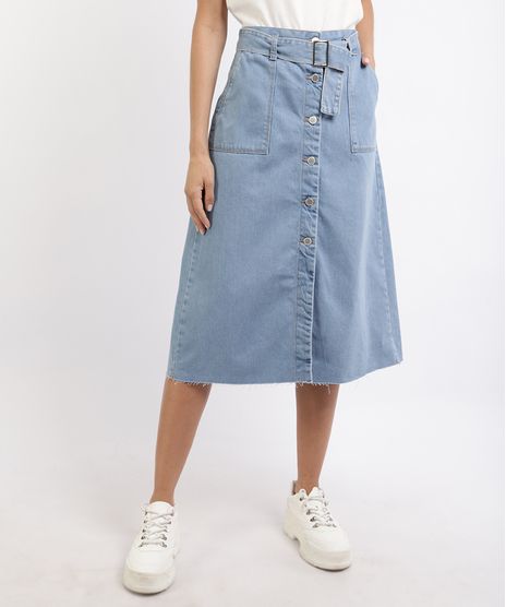 Saia-Jeans-Feminina-Midi-com-Botoes-e-Cinto-Azul-Claro-9960707-Azul_Claro_1