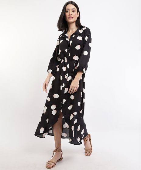 Vestido-Chemise-Saida-de-Praia-Feminina-Estampada-Poa-Manga-Longa-Preta-9950870-Preto_1