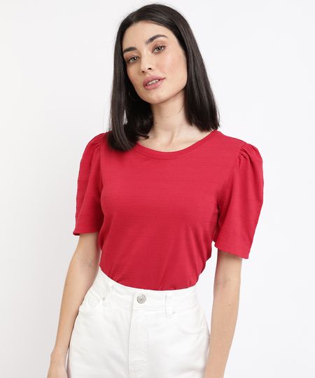 Blusa Feminina Básica Texturizada Manga Bufante Decote Redondo Vermelha Menor preço em Blusa Feminina Básica Texturizada Manga Bufante Decote Redondo Vermelha