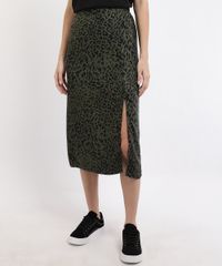 Saia-Feminina-Midi-Estampada-Animal-Print-de-Onca-com-Fenda-Verde-Escuro-9942667-Verde_Escuro_1
