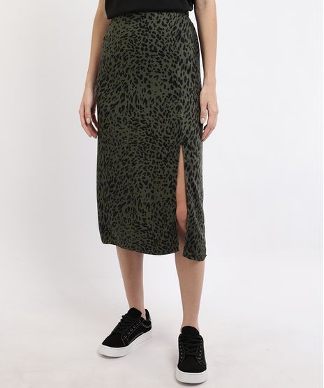 Saia-Feminina-Midi-Estampada-Animal-Print-de-Onca-com-Fenda-Verde-Escuro-9942667-Verde_Escuro_1
