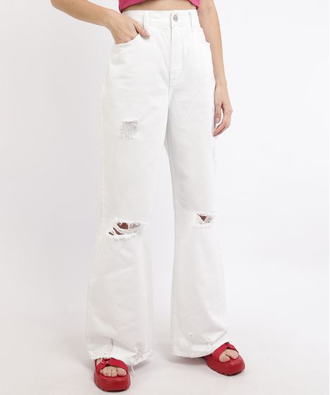 calça branca destroyed feminina