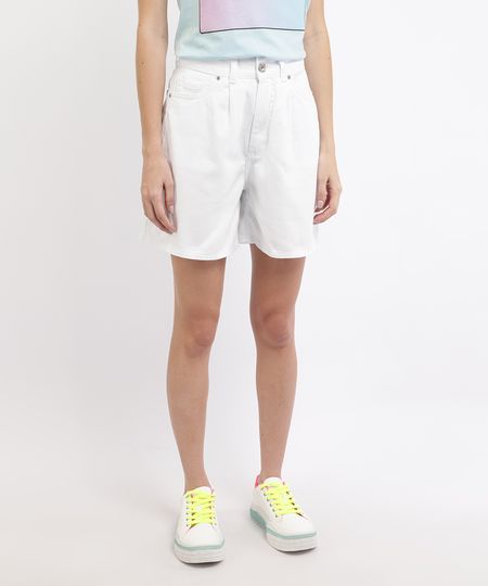Bermuda-de-Sarja-Feminina-Reta-Cintura-Super-Alta-com-Bolsos-Branca-9963949-Branco_1