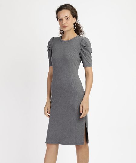 Vestido-Feminino-Midi-Canelado-Manga-Bufante-Cinza-Mescla-Escuro-9953621-Cinza_Mescla_Escuro_1